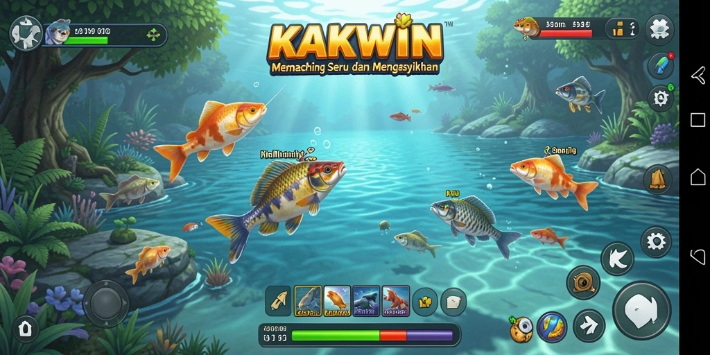 Gameplay KAKWIN yang menampilkan pemancing dan ikan yang beragam.